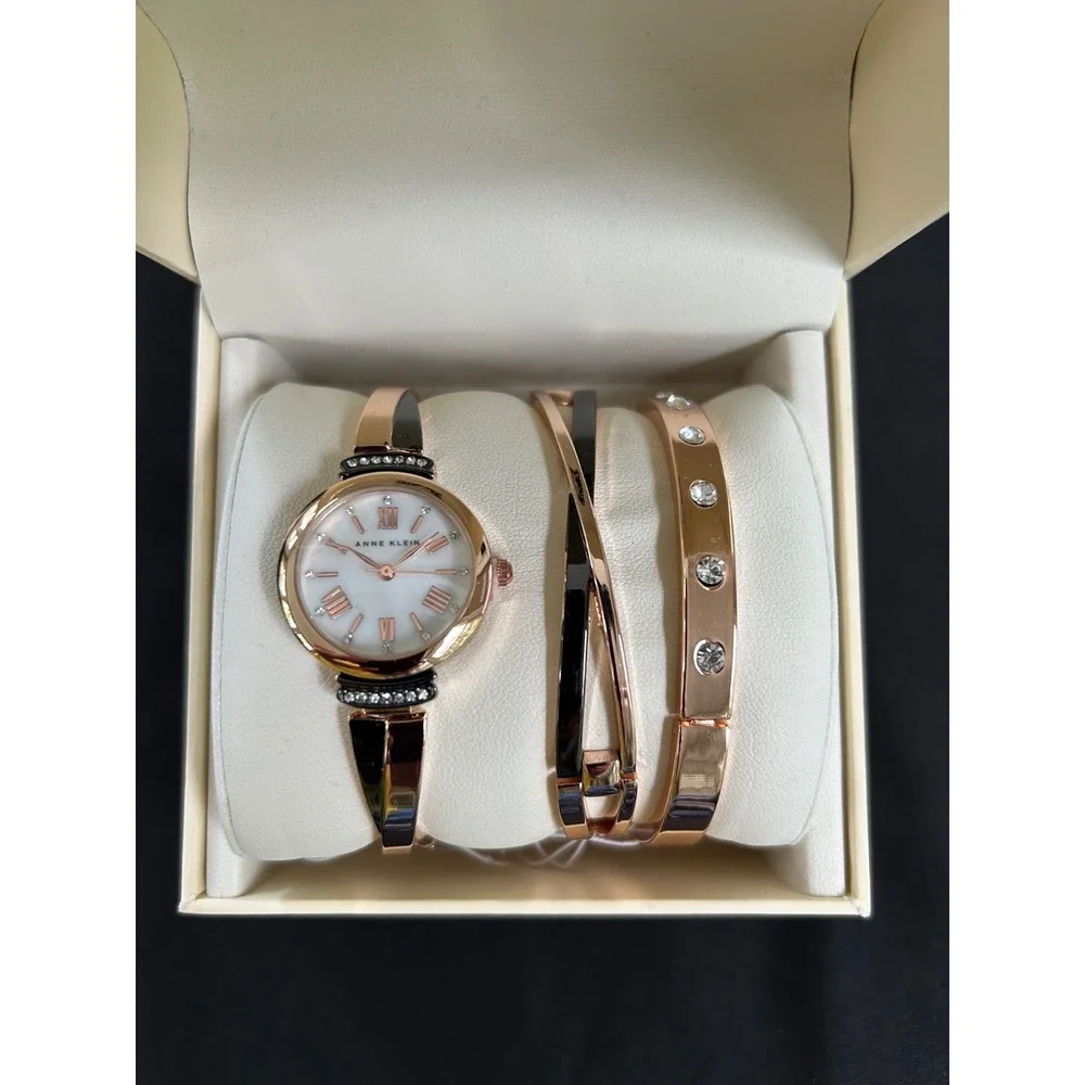 Anne Klein AK/2245GYST Rose Gold Gunmetal Crystal Watch Bracelet Set NWT Box